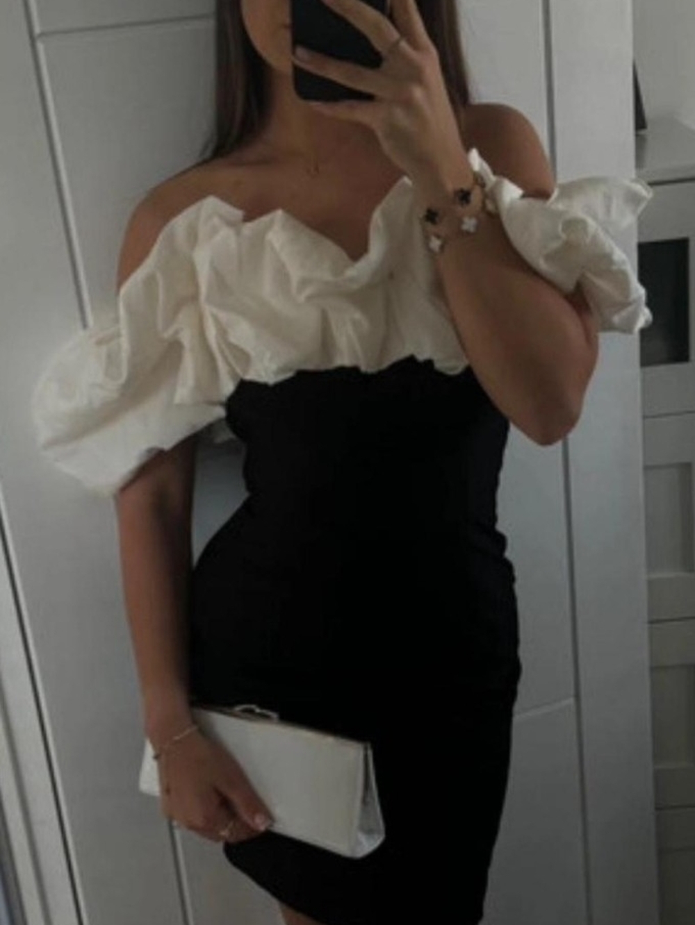 H&M Off-Shoulder Black and White Ruffled Bodice Top